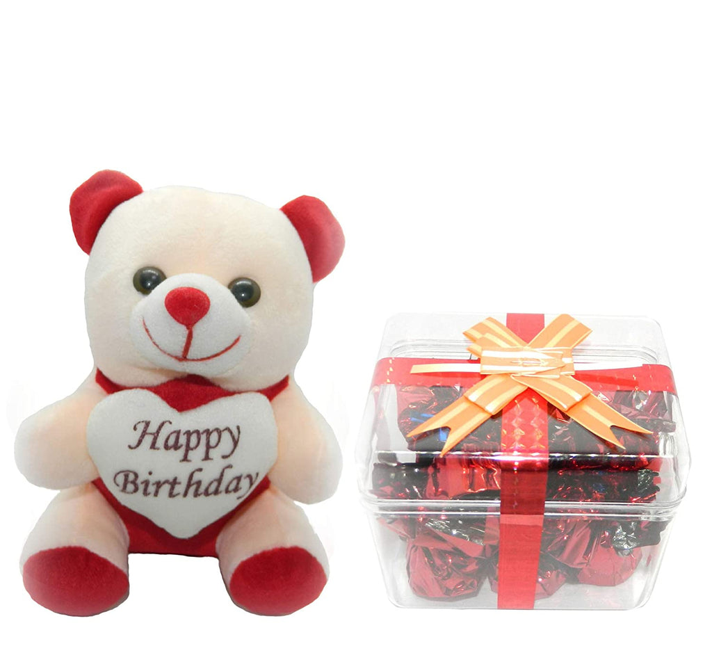 Rich'U Chocolates - Birthday Gift Combo - Soft Teddy Bear (Happy Birthday) (1 Pc) with Square Chocolates Box (12 Pcs)